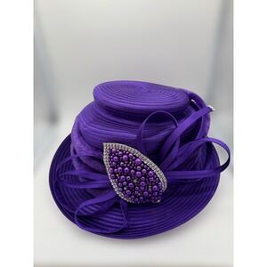 Ashro Purple Ribbon Faux Fur Church Hat Beaded Pearl Rhinestone wedding derby